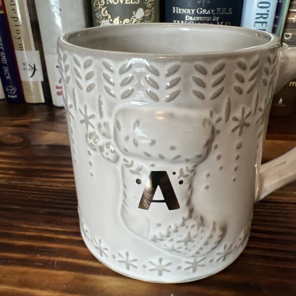 Anthropologie Snowcap Reactive-Glazed Monogram Mug "A" White Gray Gold 13 fl oz - Picture 5 of 6